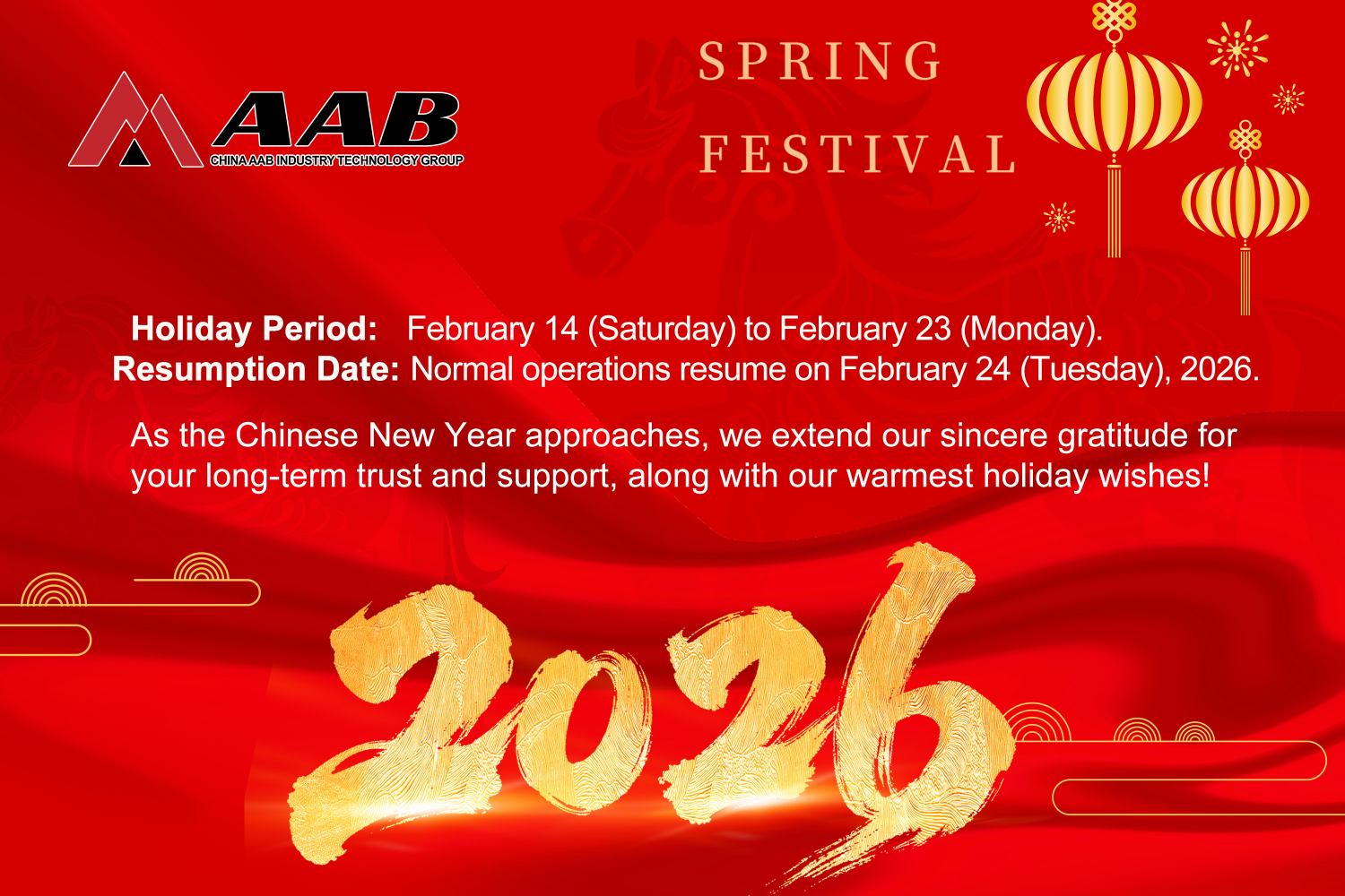 China AAB Spring Festival Holiday Notice